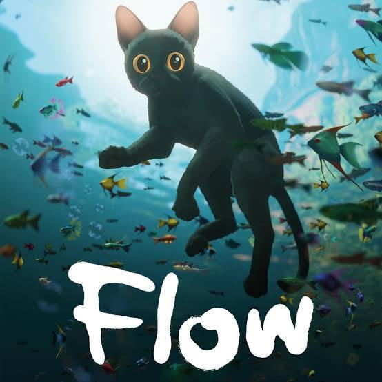 A black cat with large, round eyes is depicted swimming underwater among colorful fish in a bright, aquatic environment. The…