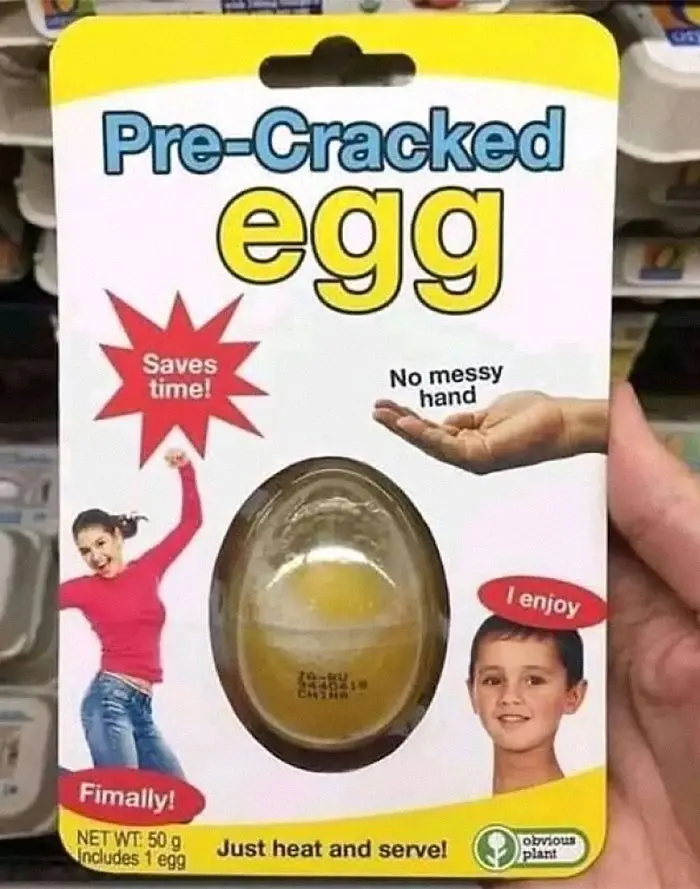 A product package for a 'Pre-Cracked egg' is shown, featuring a clear plastic window revealing a single egg with a cracked…