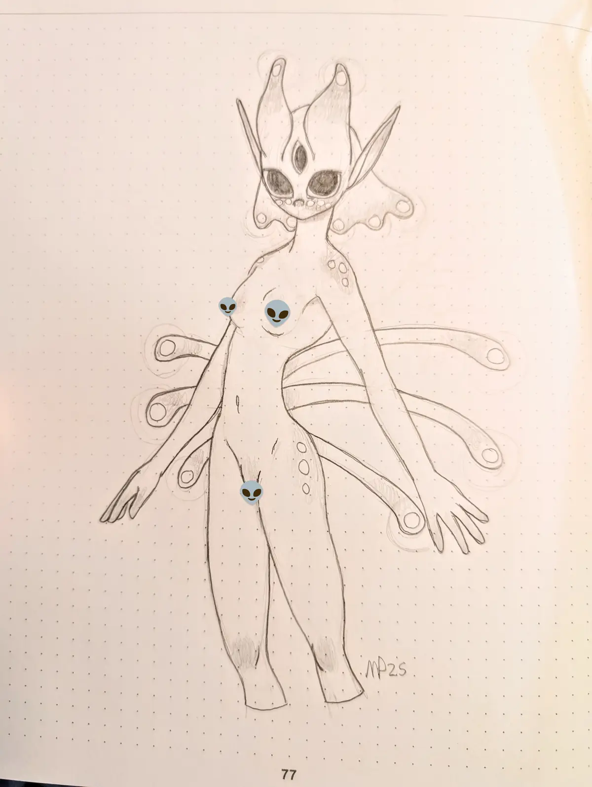 A pencil sketch on dotted paper depicts a tall, slender alien with large eyes, multiple limbs, and pointed ears. Three…