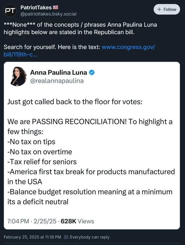 A screenshot of a tweet from Anna Paulina Luna, who lists several tax relief measures as part of a reconciliation bill…