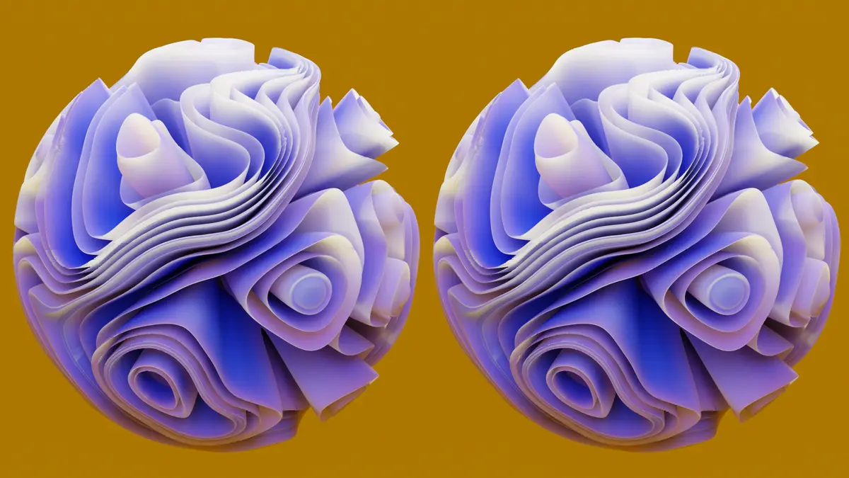 The image displays two identical, highly stylized 3D-rendered roses made of layered, ruffled paper-like material in shades…