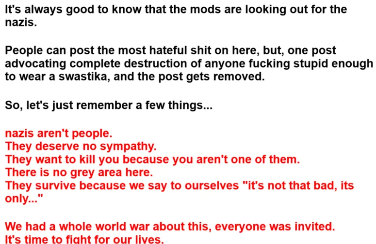A white background image displays black and red text outlining a controversial argument about online moderation of Nazi…