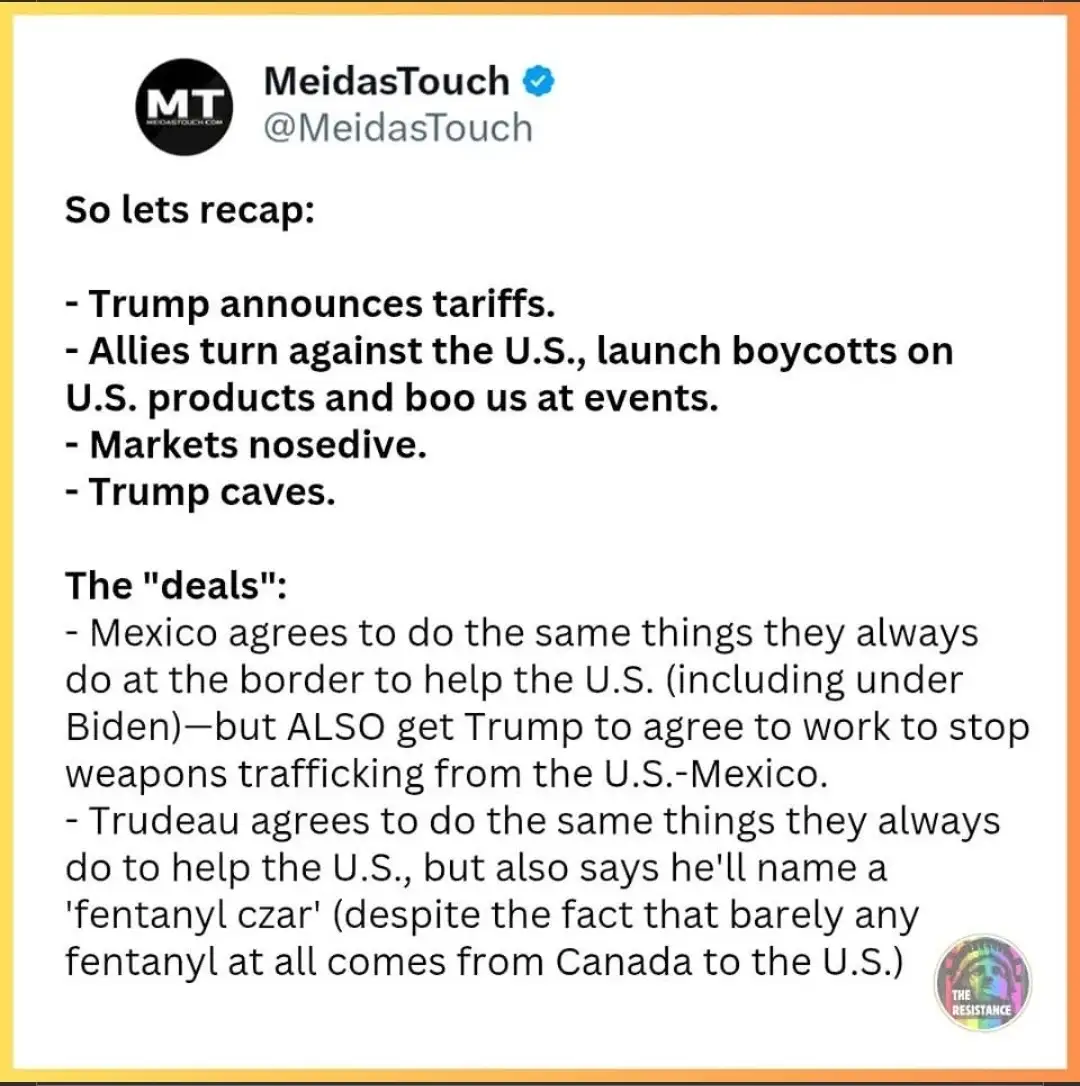 A screenshot of a tweet from 'MeidasTouch' outlining a satirical recap of Trump's trade negotiations. The tweet lists how…