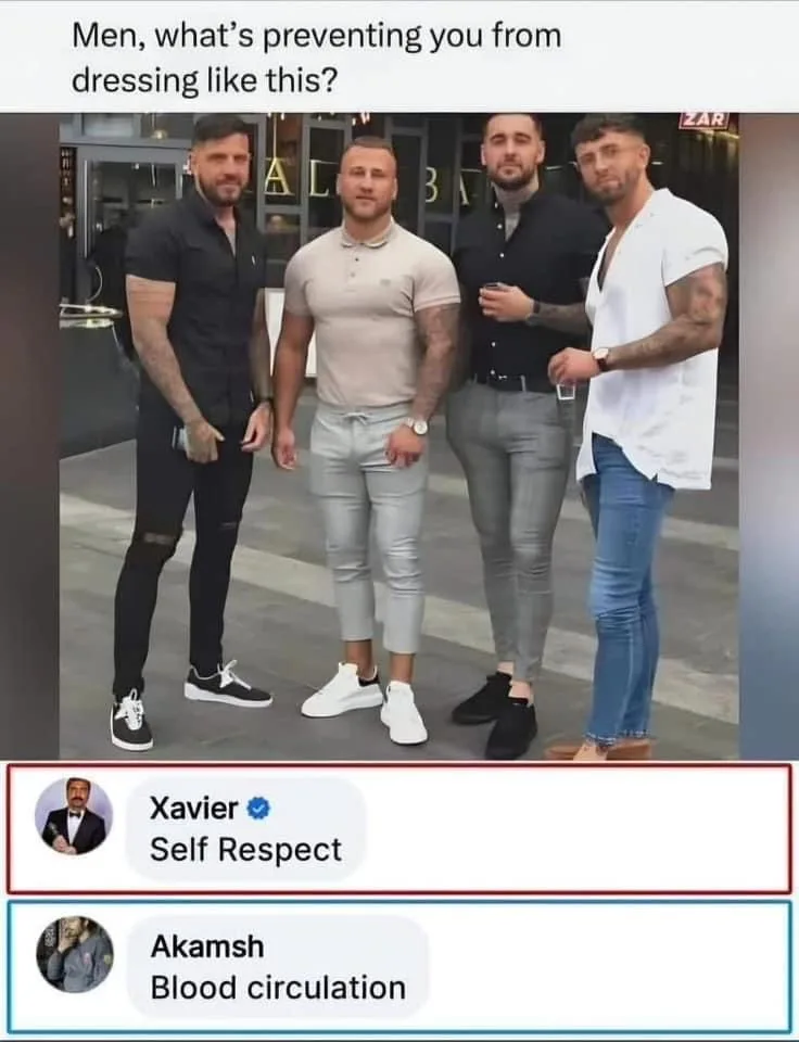 Four muscular men in stylish, form-fitting outfits stand together outdoors. The top text asks, 'Men, what's preventing you…