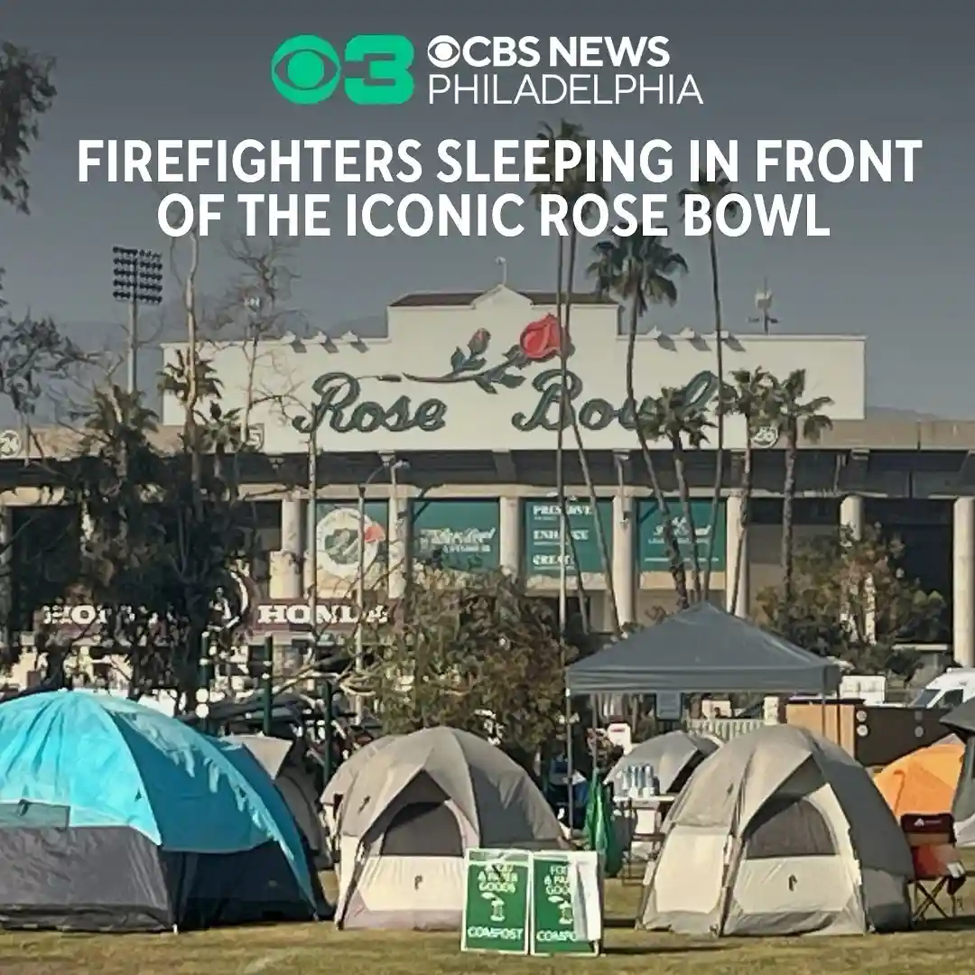 The image shows multiple tents set up on grass in front of the Rose Bowl stadium, with palm trees and stadium signage…