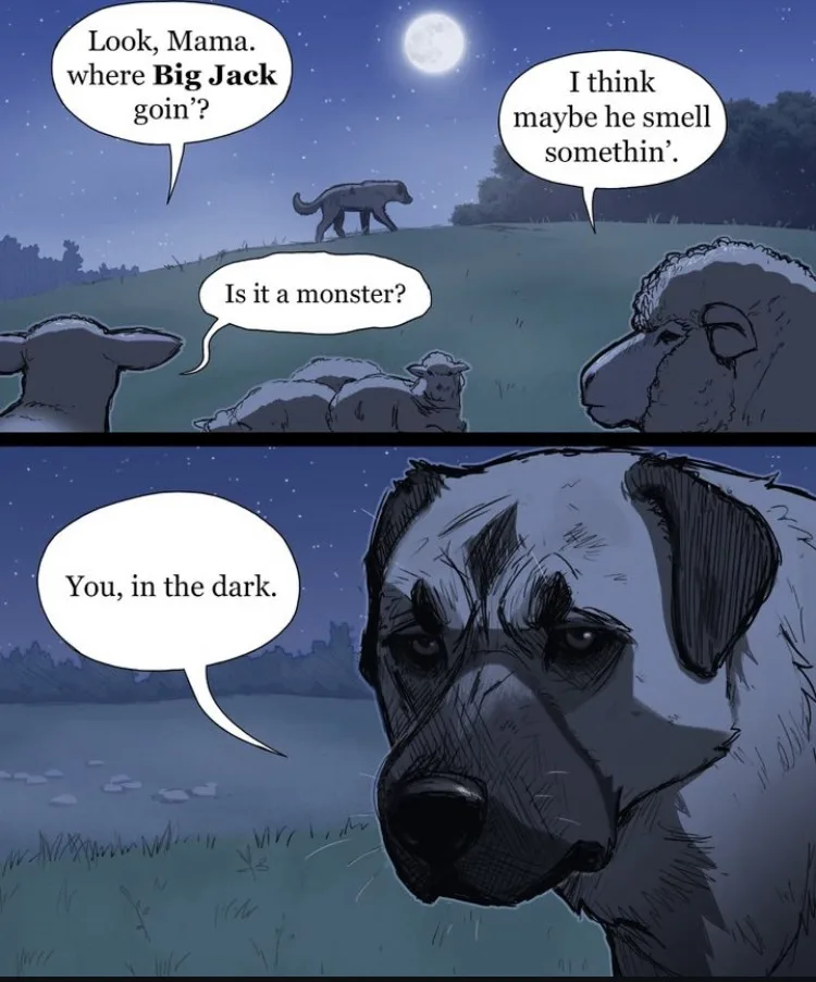 A two-panel comic strip shows sheep at night wondering about a distant wolf, with one sheep asking if it's a monster. The…