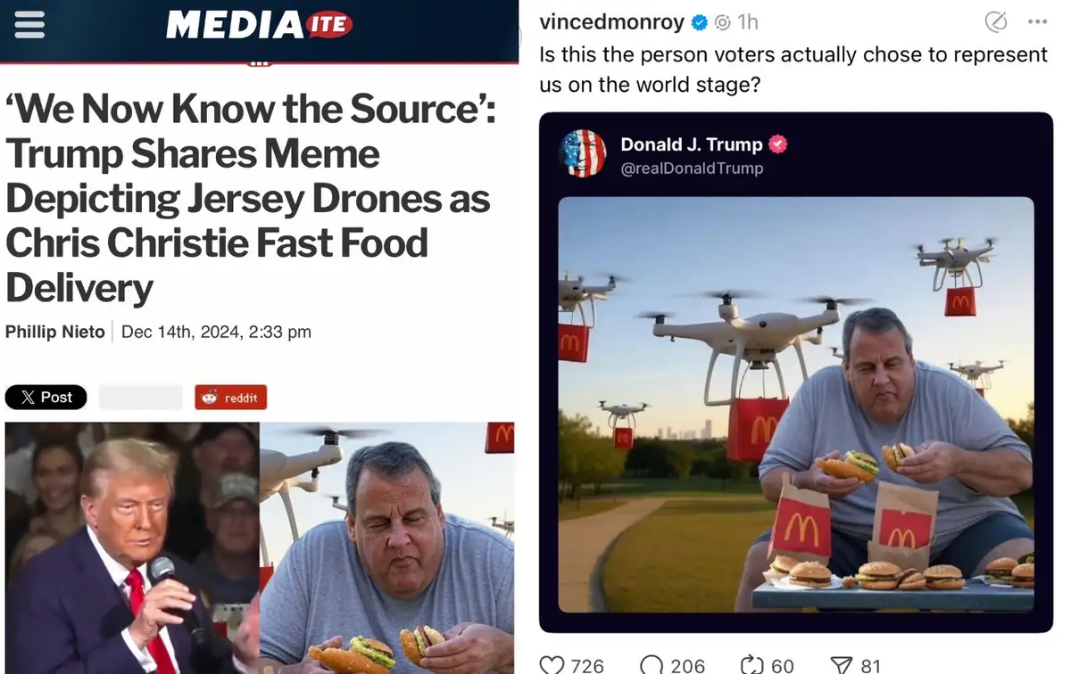 The image shows a man, identified as Chris Christie, sitting outdoors eating multiple McDonald's burgers while several…