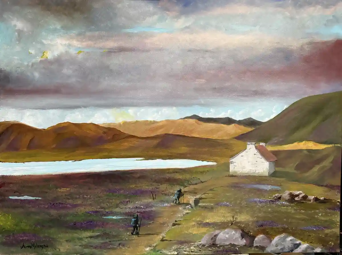 A painting depicts two hikers with backpacks walking along a path through a vast, colorful landscape with rolling hills, a…