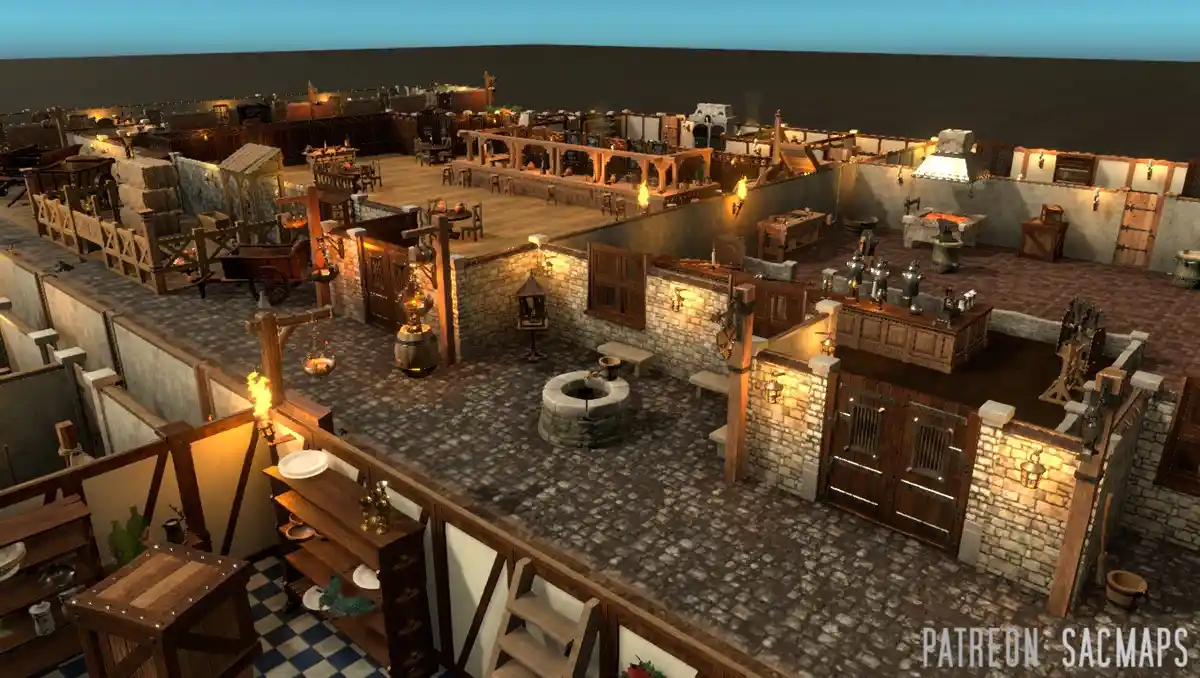 An aerial view of a highly detailed, medieval-style ship deck with stone walls, wooden structures, torches, a well, and…