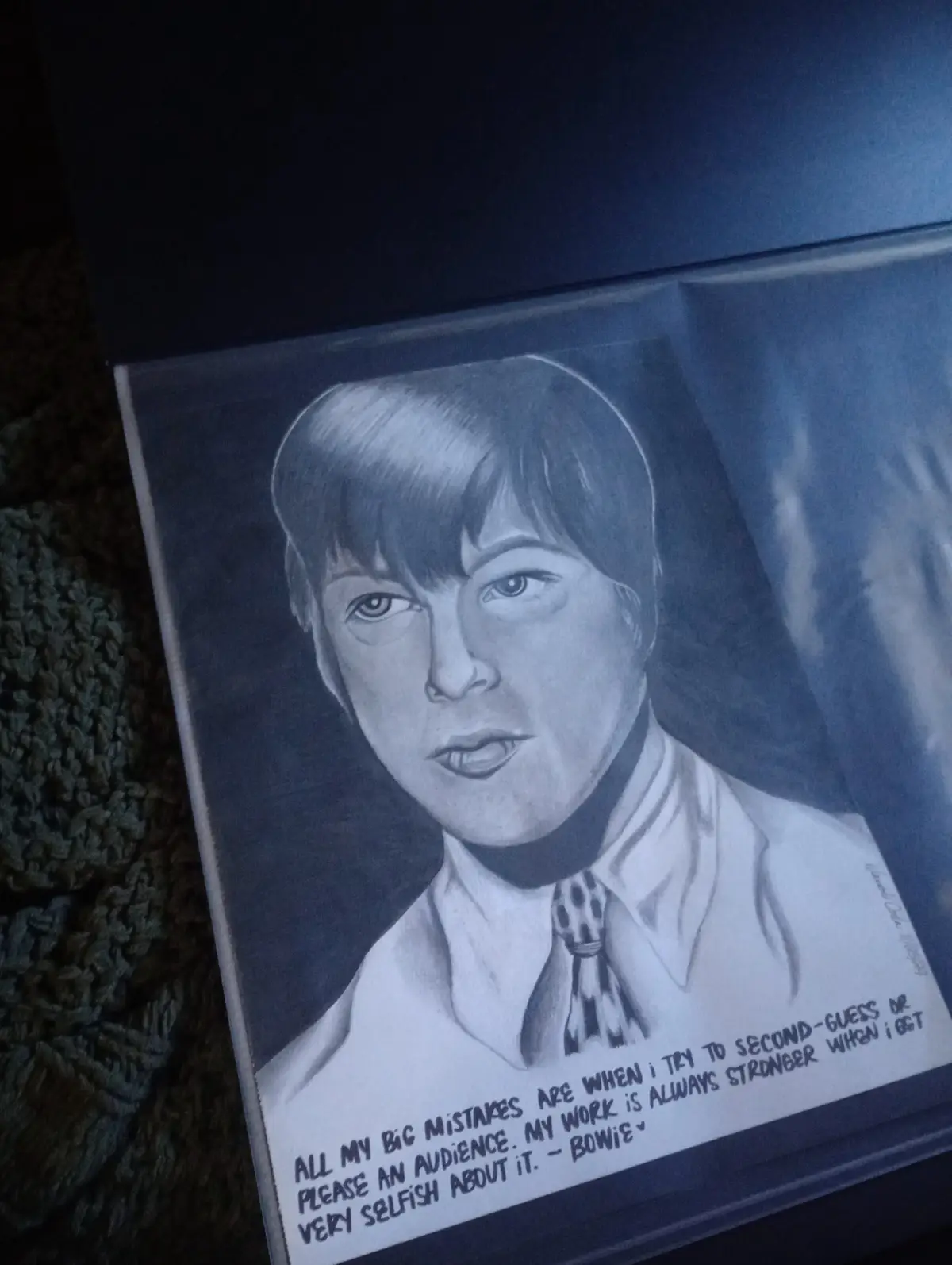 A pencil drawing of David Bowie in a collared shirt and patterned tie, with text overlaid at the bottom reading 'ALL MY BIG…