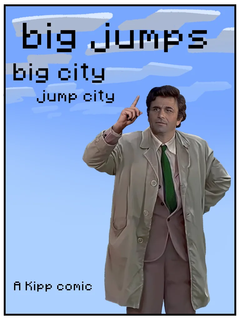 A man in a beige trench coat and green tie points upward against a blue sky with clouds. Overlaid text reads 'big jumps'…