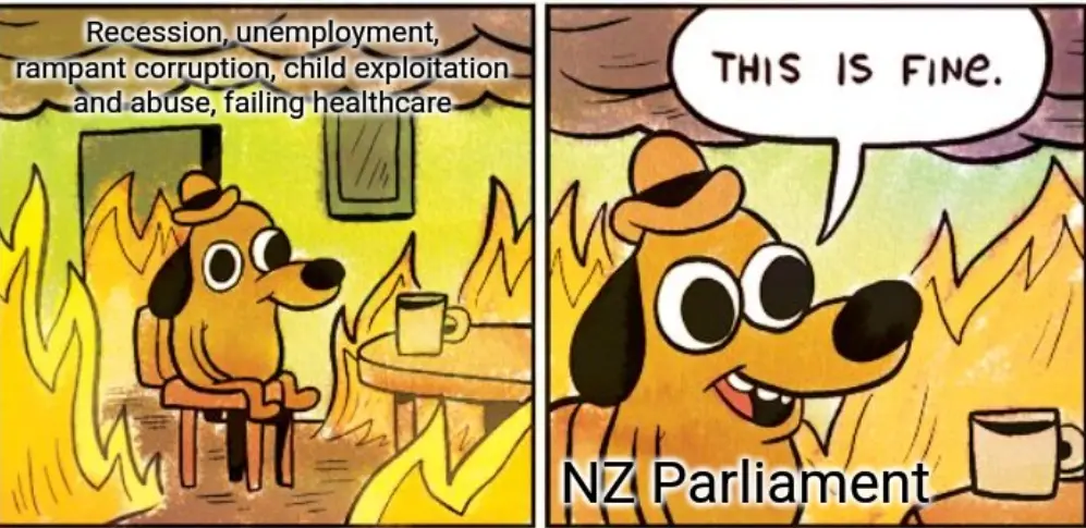 The image is a two-panel comic featuring a cartoon dog sitting calmly in a room engulfed in flames. In the left panel, text…