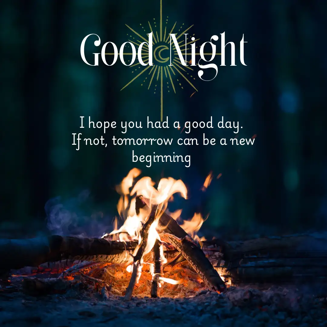 A serene nighttime image of a campfire burning in a dark forest, with glowing embers and smoke rising. Overlaid text reads…