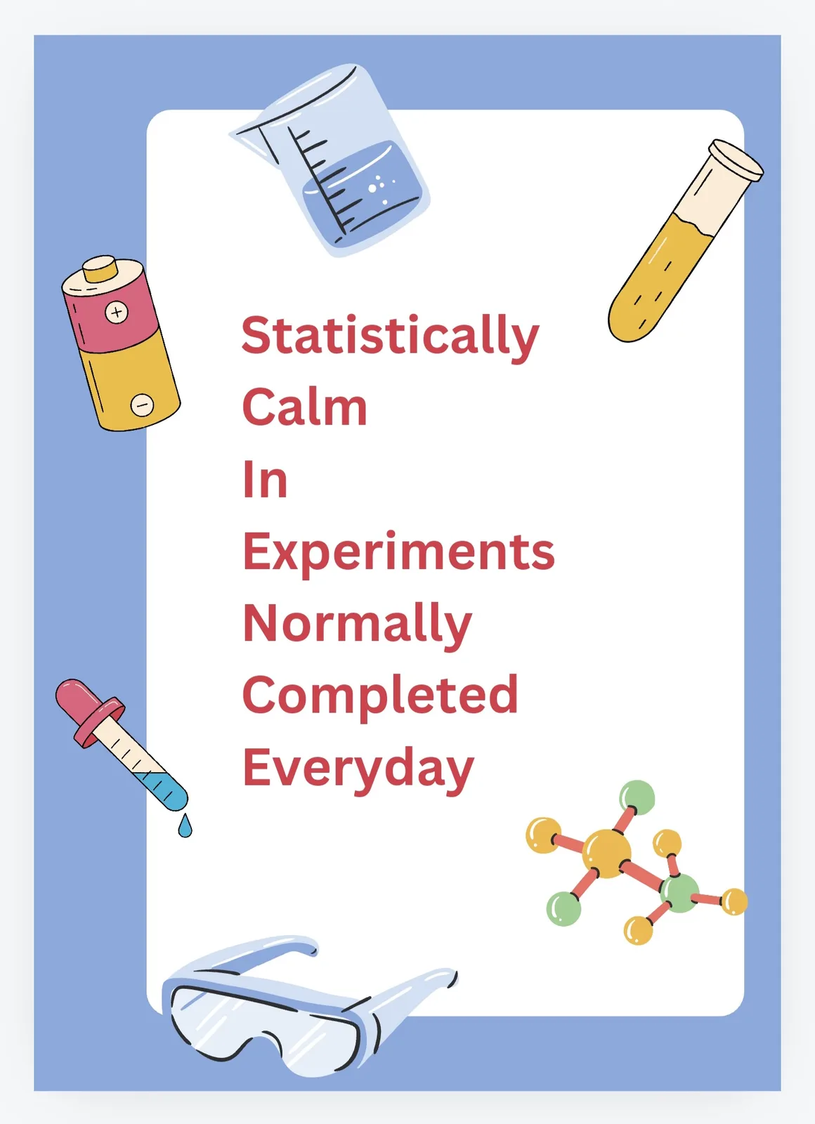 A cartoon-style image shows various science lab equipment including a beaker, test tube, battery, pipette, safety goggles…