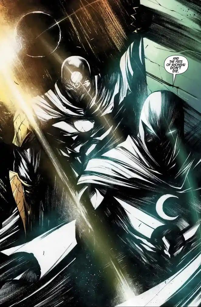 A comic book panel shows two masked, hooded figures in dynamic combat poses, one wielding a glowing sword. The figure in the…