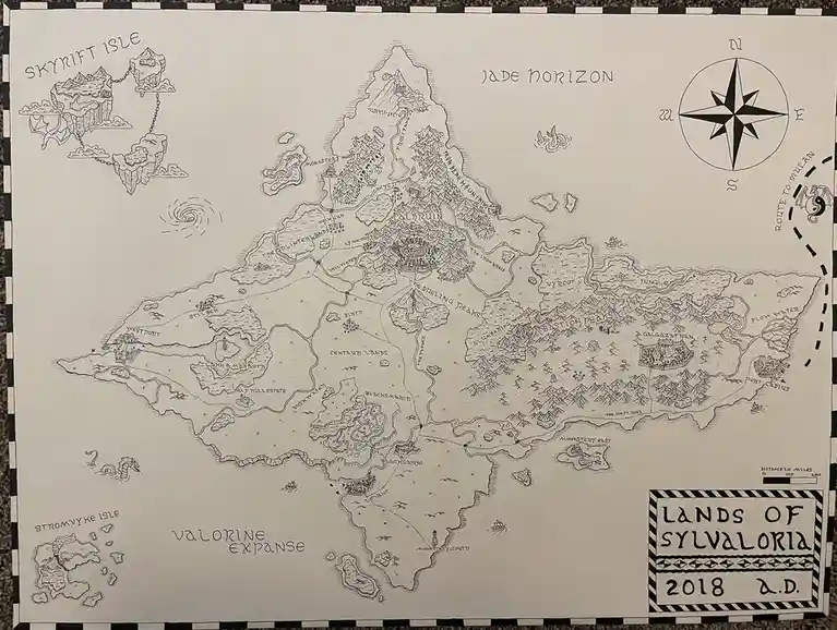 A hand-drawn fantasy map titled 'Lands of Sylvaloria 2018 A.D.' features detailed regions like 'Jade Horizon,' 'Valorine…