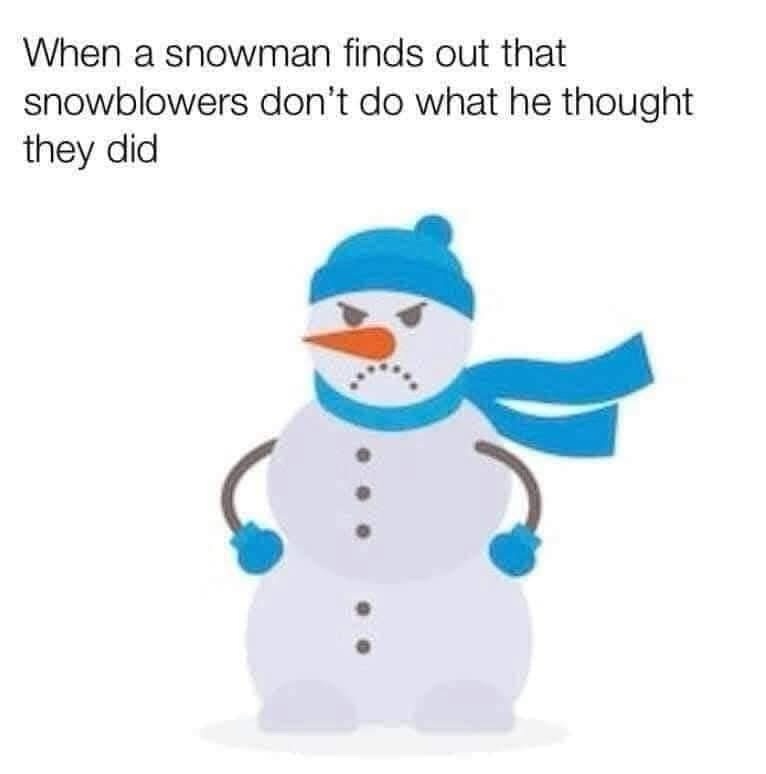 A cartoon snowman wearing a blue hat and scarf, with an angry expression, crossed arms, and a frowning mouth. The text above…
