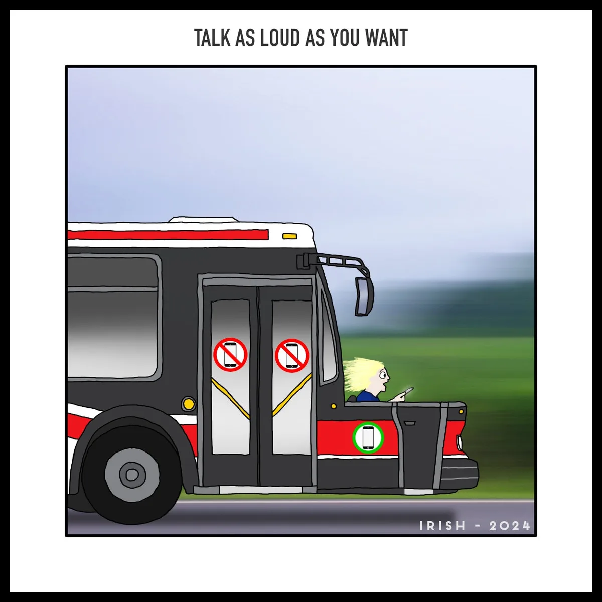 A cartoon bus with a driver having blonde hair, looking at a phone while driving. The bus has two red circles with a slash…
