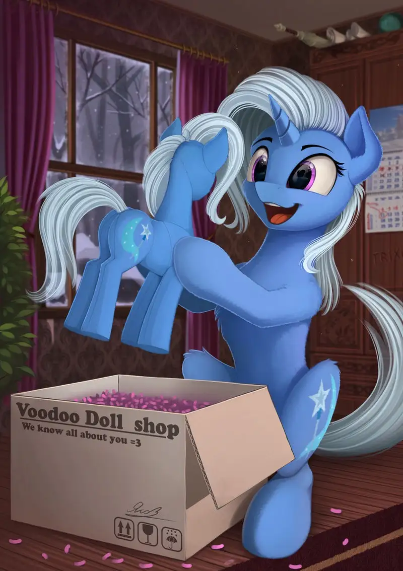 A blue pony with silver hair and a star cutie mark is happily holding up a blue voodoo doll that matches her, standing…