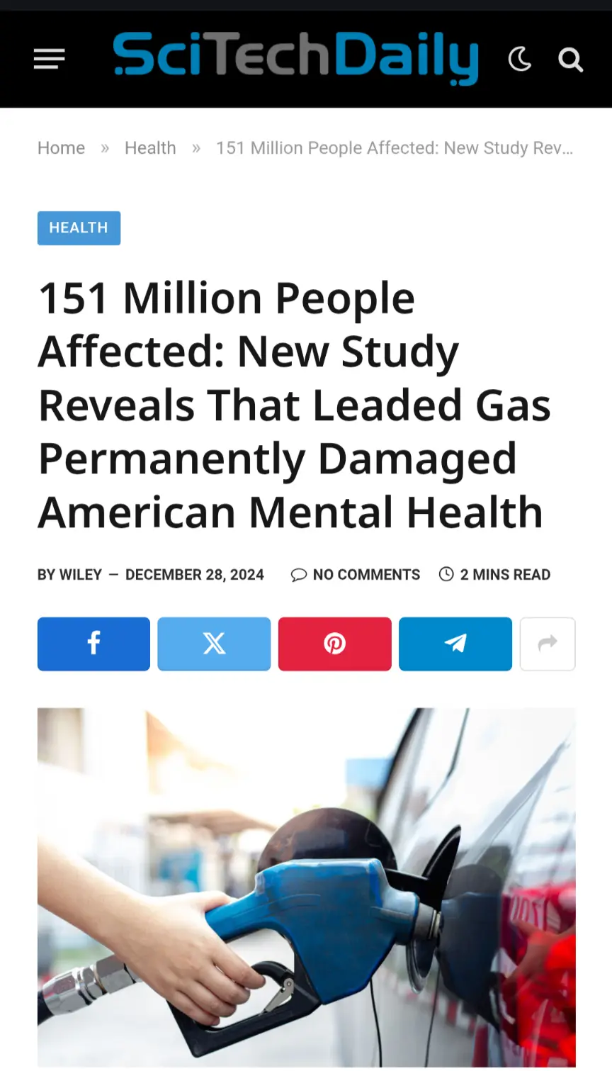 A screenshot of a SciTechDaily article titled '151 Million People Affected: New Study Reveals That Led Gas Permanently…