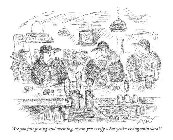 A black-and-white sketch shows three men sitting at a bar, each with a beer, looking frustrated or bored. The bar has taps…