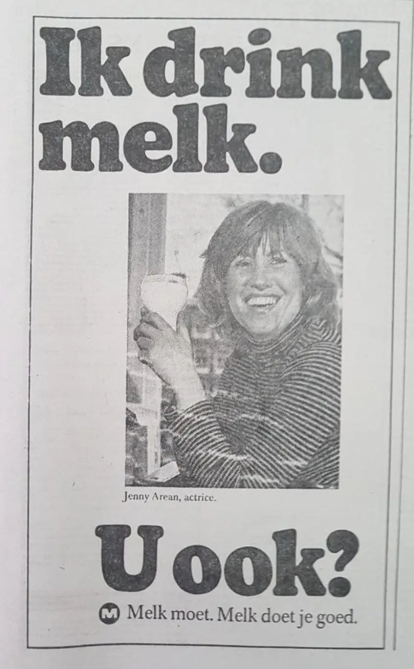 A vintage Dutch milk advertisement features a smiling woman holding a glass of milk, with bold text above and below her…
