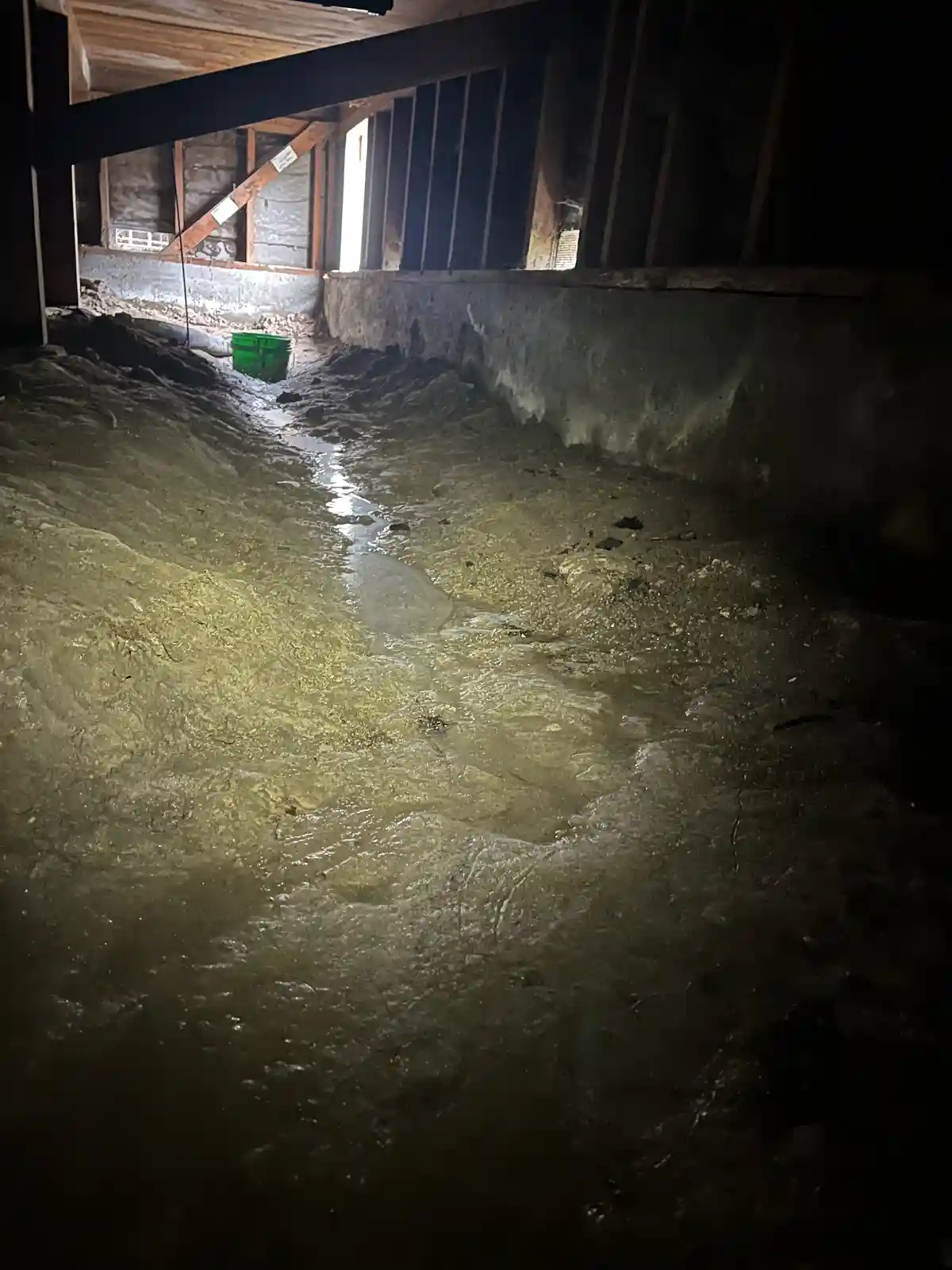 A dimly lit, unfinished basement is flooded with murky water that flows across the floor toward a concrete wall. A green…