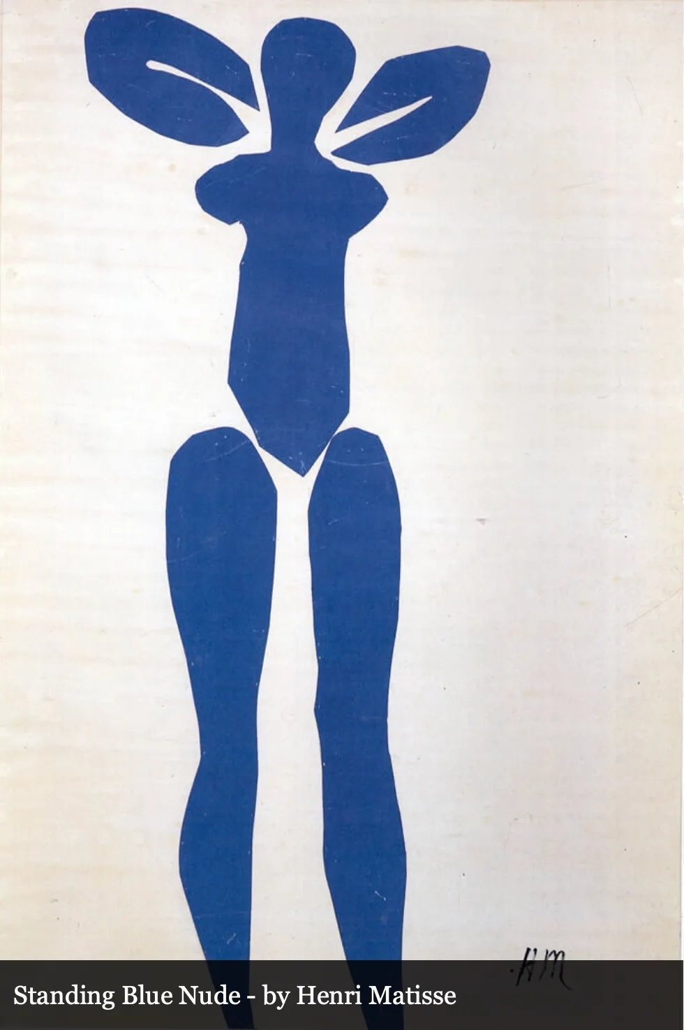 The image displays Henri Matisse's 'Standing Blue Nude,' a cut-out artwork featuring a stylized blue silhouette of a…