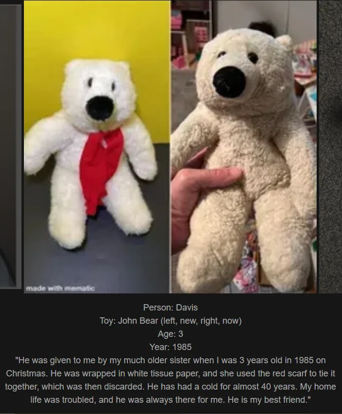 The image shows a split-screen comparison of a plush polar bear toy. On the left, a pristine white bear with a red scarf…