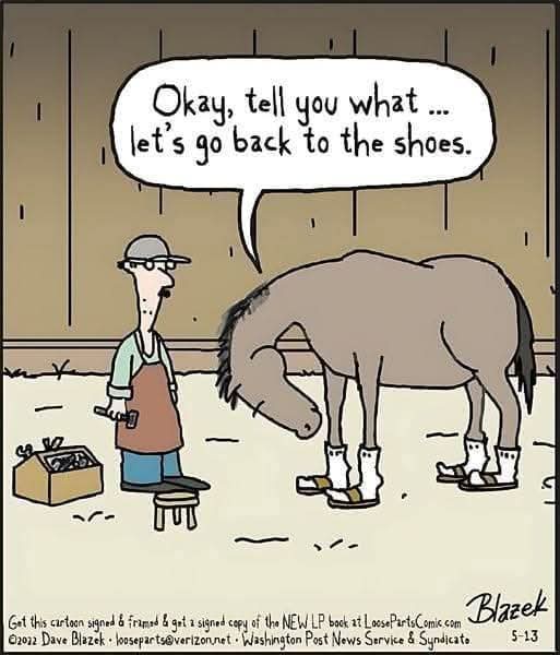 A cartoon depicts a man in an apron and cap standing next to a horse wearing shoes, holding a tool. The man speaks in a…