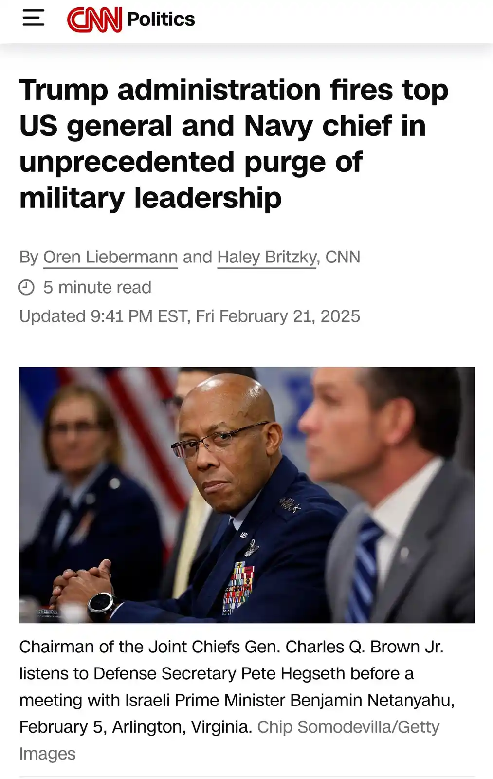 A screenshot of a CNN Politics article from February 21, 2025, featuring a photo of U.S. military general Charles Q. Brown…