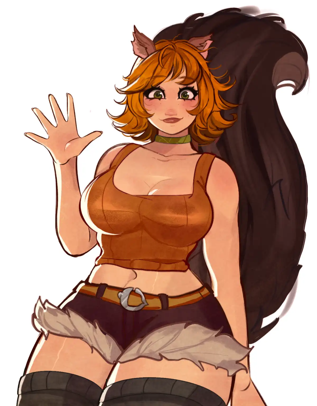 An anime-style illustration of a female character with orange hair, small brown squirrel ears, and a large bushy brown tail…