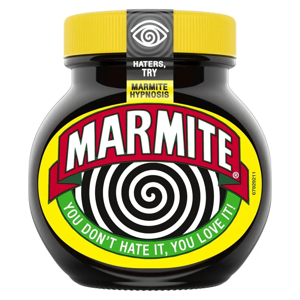 A jar of Marmite with a modified label featuring a hypnotic spiral design and text that reads 'HATERS, TRY MARMITE HYPNOSIS'…