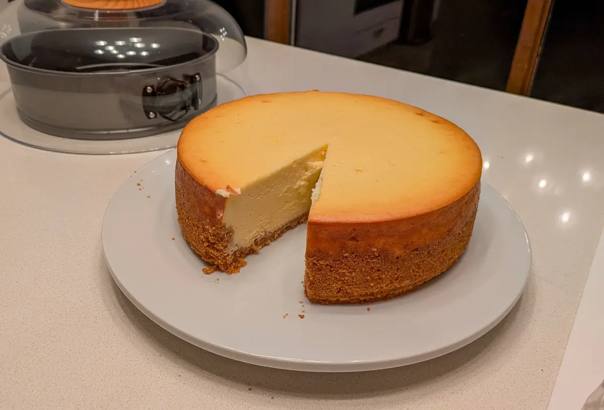 A round cheesecake with a slice removed sits on a white plate on a kitchen counter, next to its metal baking pan under a…