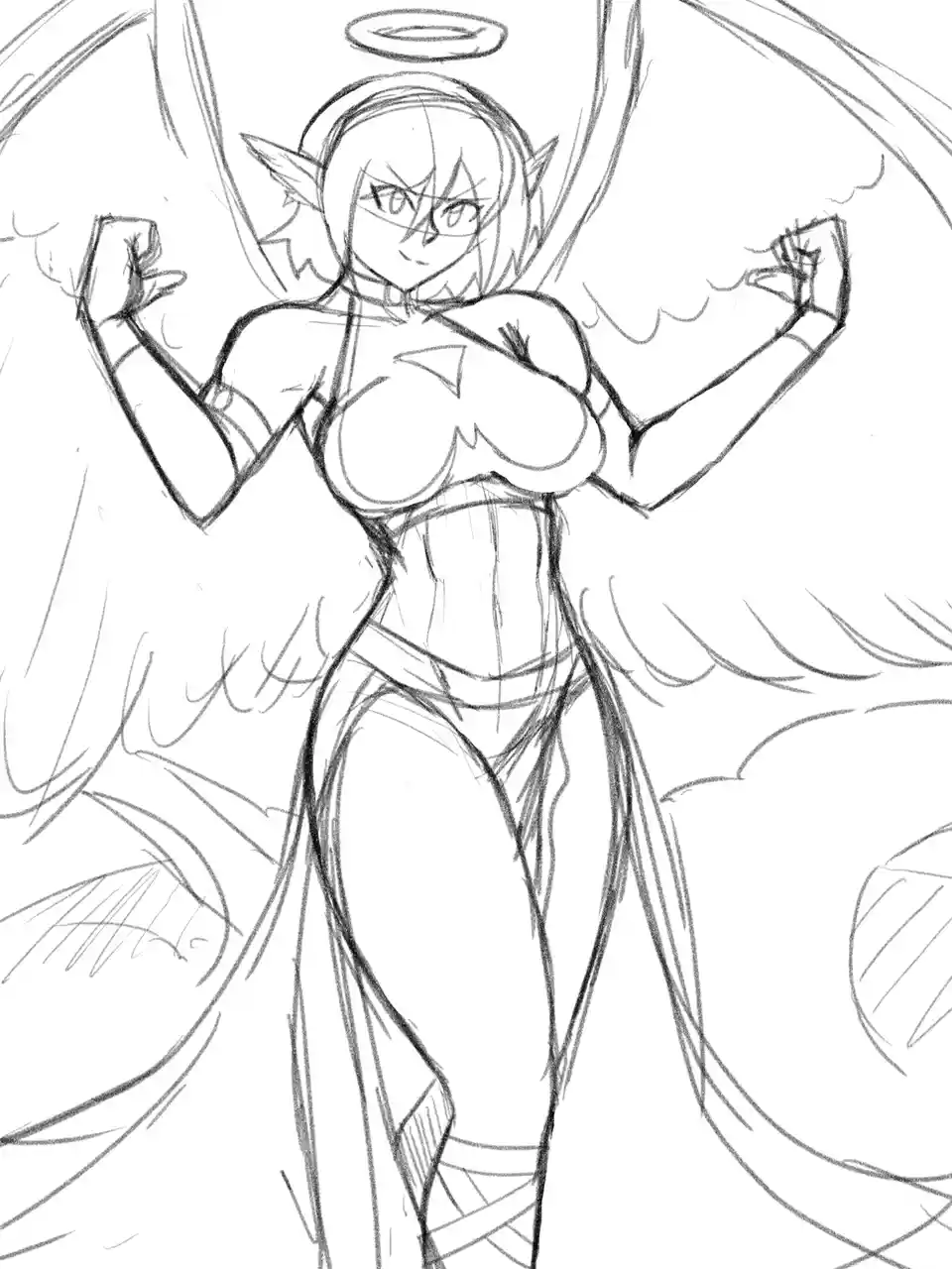 A black-and-white sketch depicts an anime-style female character with pointed ears, a halo, and large wings, flexing her…
