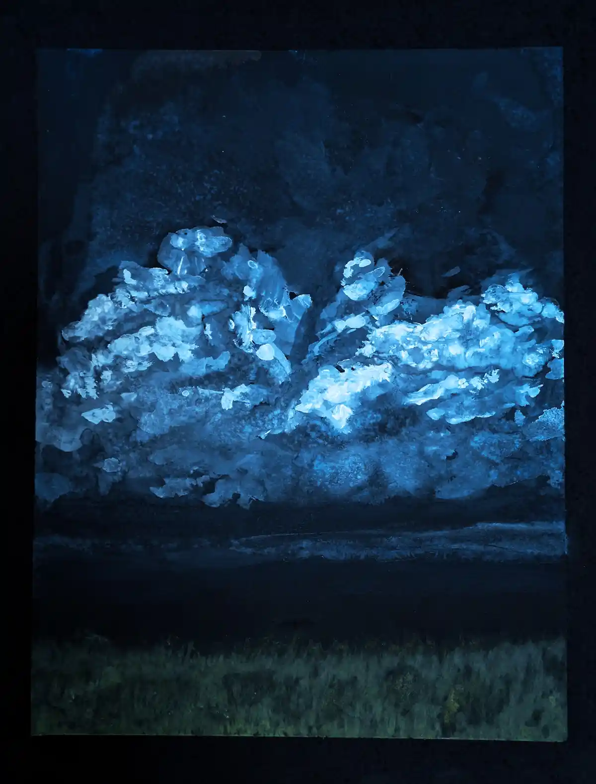 A dark, moody painting depicts a tree with glowing blue, crystalline leaves against a deep blue background, with a dark…