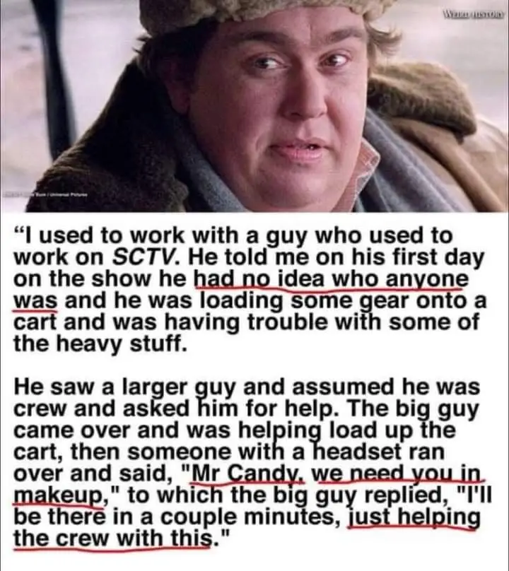 A close-up image of actor John Candy wearing a fur-lined hat and coat, looking confused or bewildered. Overlaid text…