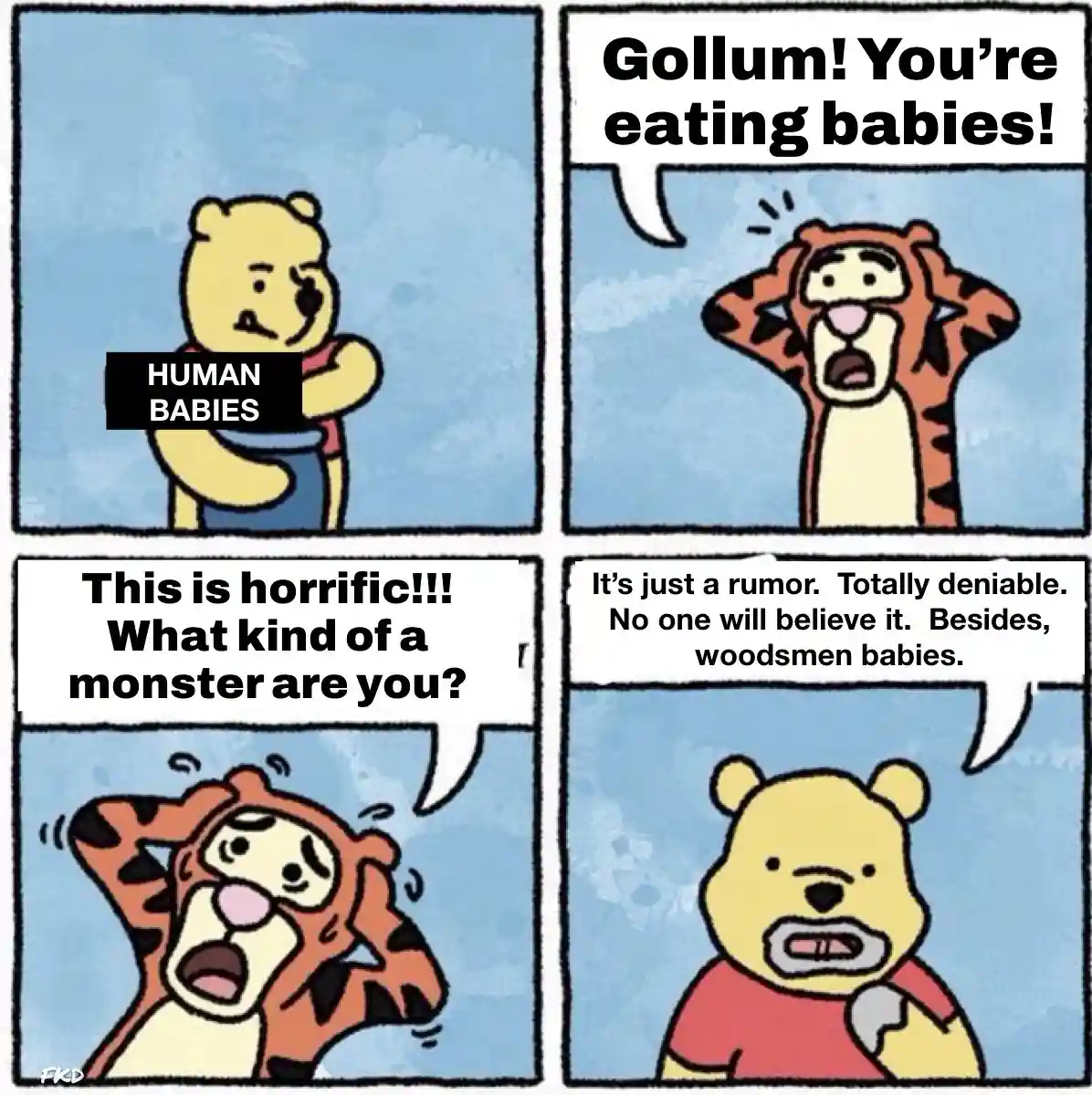 A four-panel comic strip featuring Winnie the Pooh and Tigger. In the first panel, Pooh holds a baby labeled 'HUMAN BABIES'…