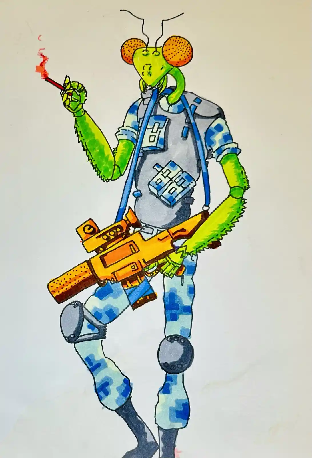 A hand-drawn illustration depicts a green praying mantis-like alien wearing blue and white camouflage gear and a grey vest…