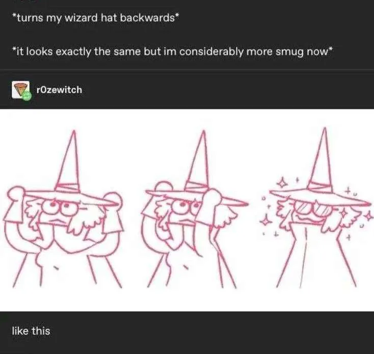 A three-panel comic strip in pink line art shows a wizard character adjusting his pointed hat. In the first panel, he wears…