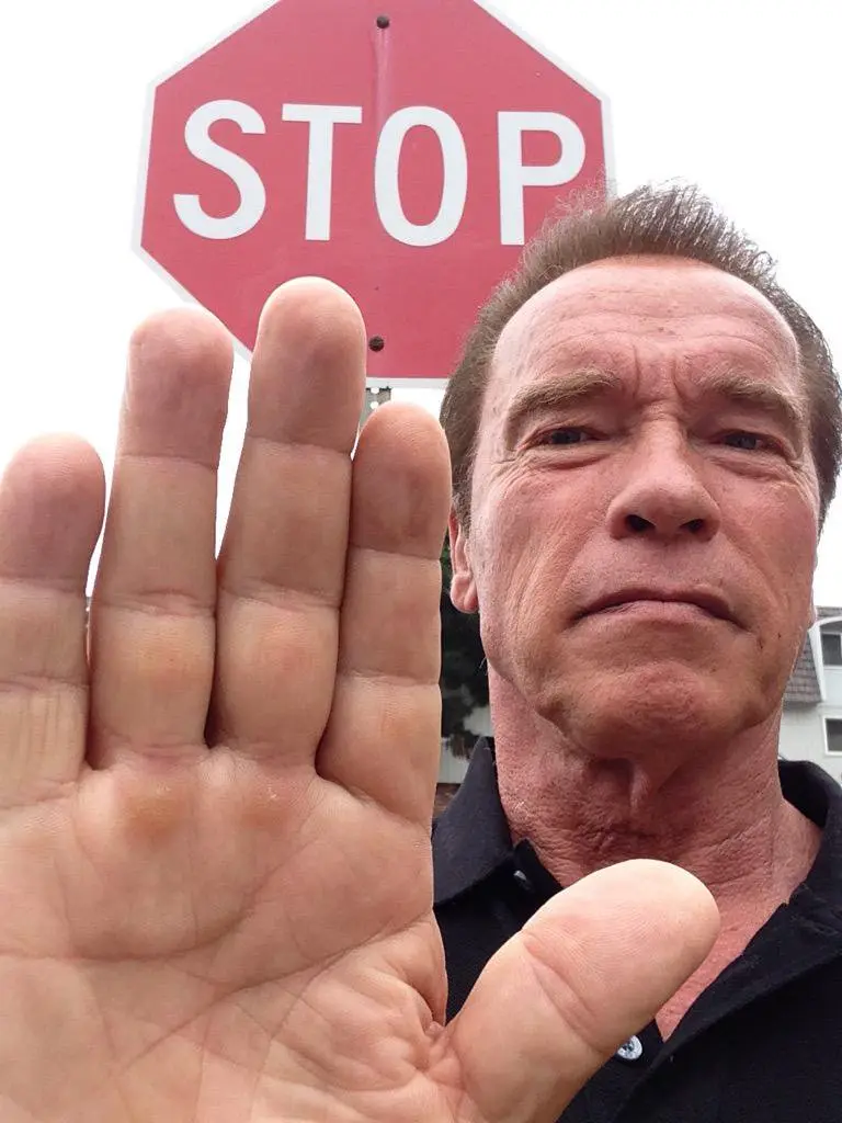 arnold schwarzenegger holds up his hand in front of a red stop sign, with his face visible behind it, and the word 'stop' is…