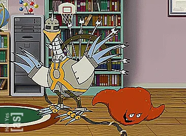 A six-panel comic strip from 'The Amazing World of Gumball' shows a robotic bird character standing over a small, red…