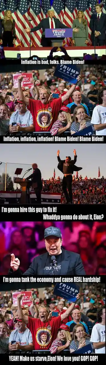 A five-panel meme collage showing Donald Trump blaming Biden for inflation at a rally, then cuts to a crowd chanting the…