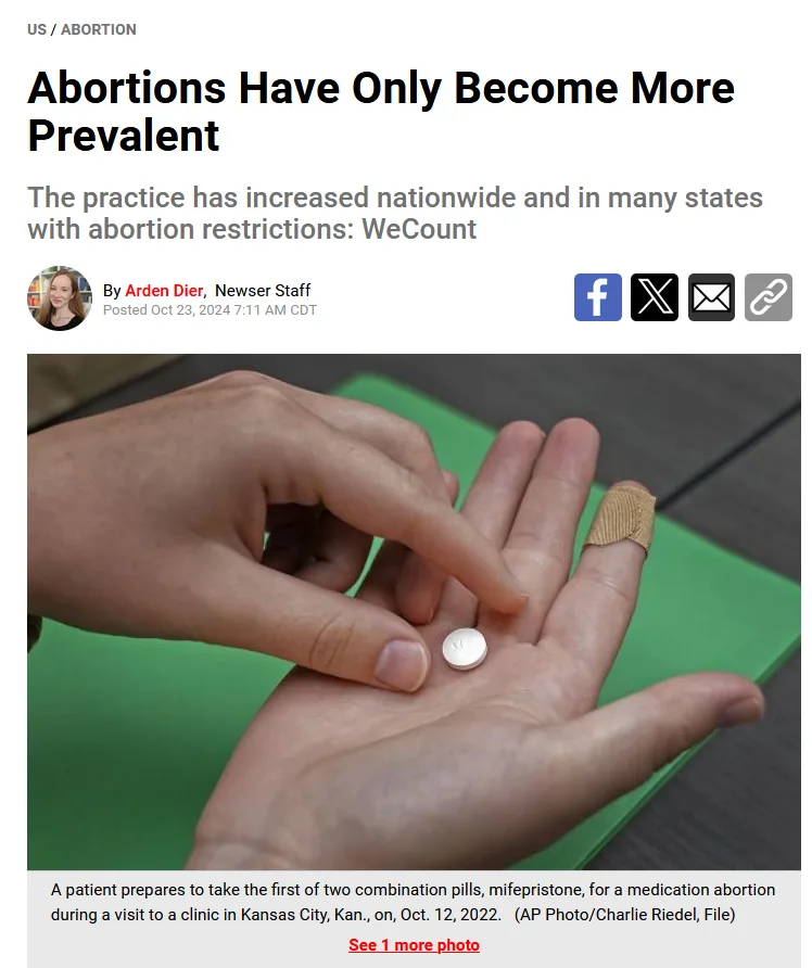 A news article screenshot with the headline 'Abortion Have Only Become More Prevalent' overlaid on a photo of a hand holding…