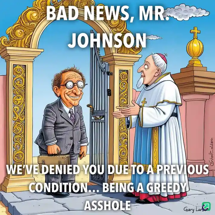 A cartoon depicts a man in a suit and glasses standing before a grand golden gate, smiling while holding a briefcase. A…