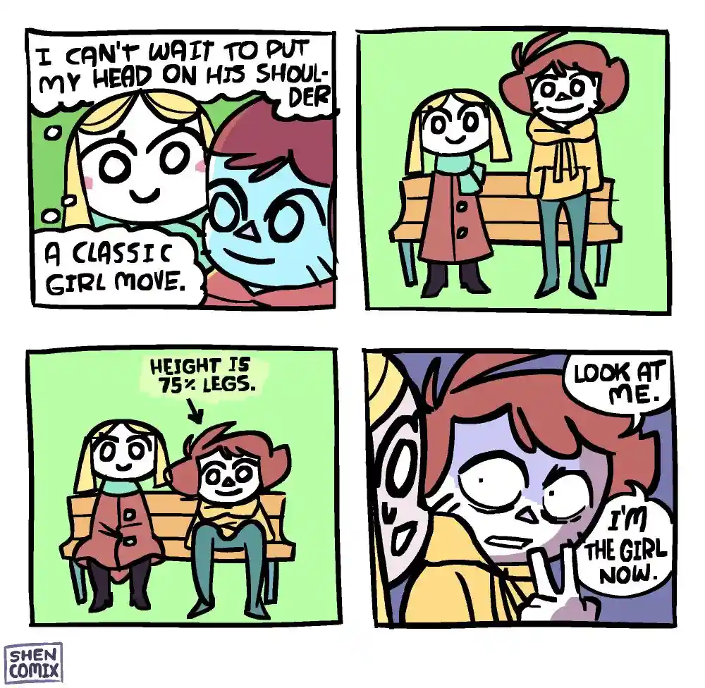 A four-panel comic strip shows two cartoon characters, a blonde girl and a shorter red-haired girl, initially excited about…