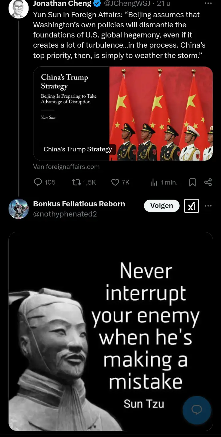 A screenshot of a Twitter thread shows a Foreign Affairs article titled 'China's Trump Strategy' with a photo of Chinese…