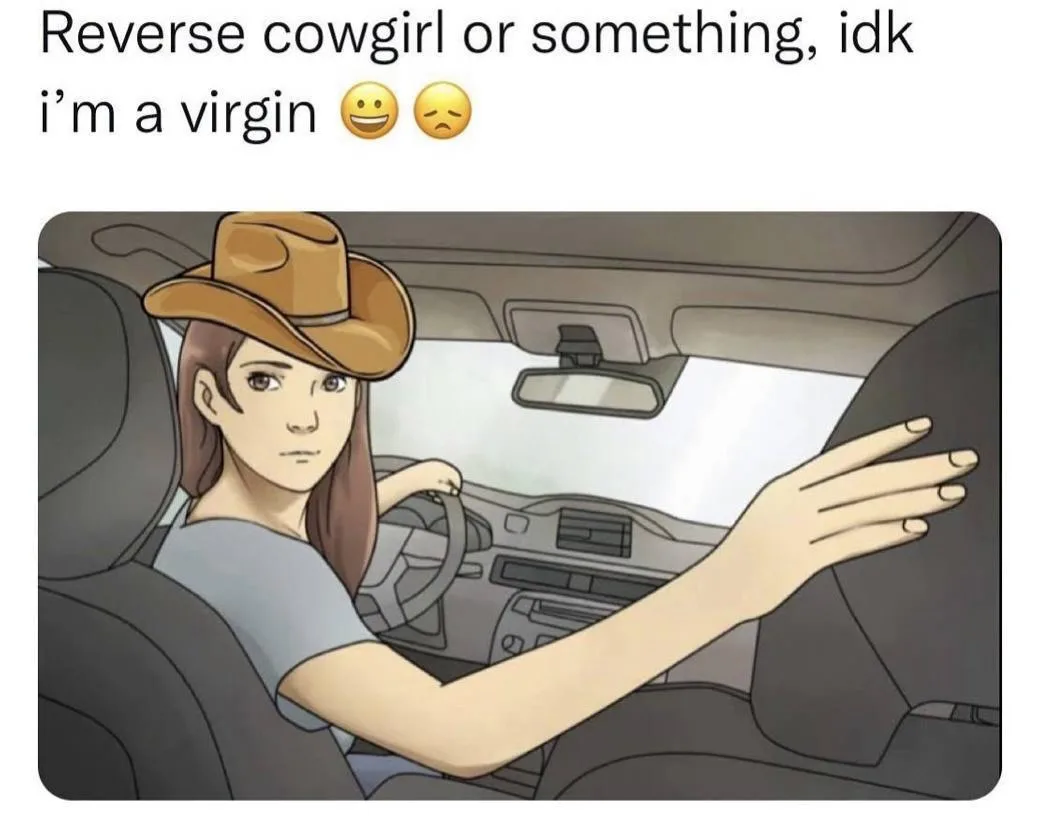 An illustration of a woman wearing a cowboy hat, sitting in the driver's seat of a car, looking confused while gesturing…