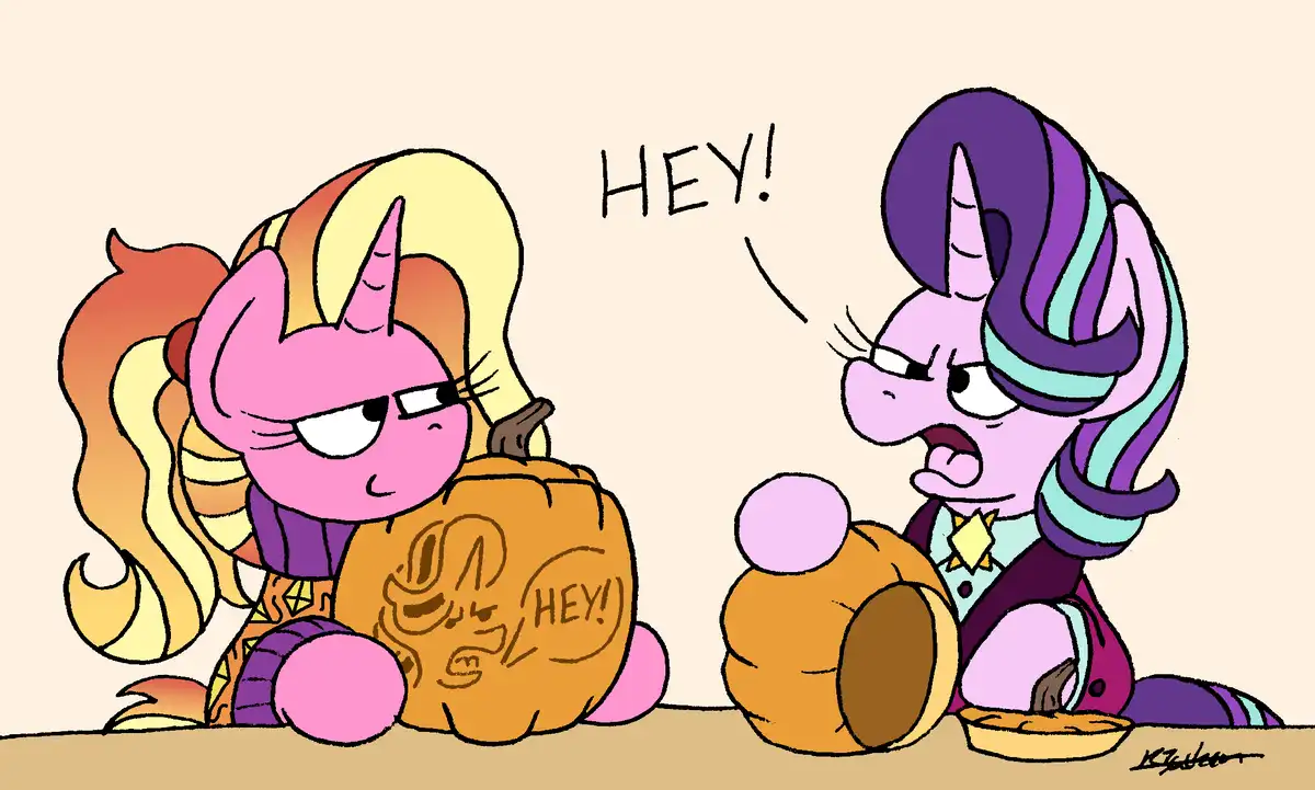 Two cartoon ponies sit on the ground, each holding a pumpkin. The pony on the left, with rainbow hair and a purple scarf…
