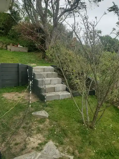 A garden scene with concrete steps leading up to a wooden chicken coop where two chickens are visible. A black mesh fence…